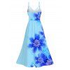 Hawaiian Vacation Dress Irregular Watercolor Floral Print Lace Hollow Out Spaghetti Strap Slit Dress - Bleu Toile de Jean XXXXXL | US 20