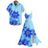 Hawaiian Vacation Couple Outfit Irregular Watercolor Floral Print Lace Hollow Out Spaghetti Strap Slit Dress and Shirt Set - Bleu Toile de Jean S | US 4