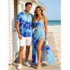 Hawaiian Vacation Couple Outfit Irregular Watercolor Floral Print Lace Hollow Out Spaghetti Strap Slit Dress and Shirt Set - Bleu Toile de Jean S | US 4