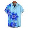 Hawaiian Vacation Couple Outfit Irregular Watercolor Floral Print Lace Hollow Out Spaghetti Strap Slit Dress and Shirt Set - Bleu Toile de Jean S | US 4