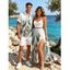 Hawaiian Vacation Couple Outfit Ink Wash Green Foliage Print Lace Hollow Out Slit Dress and Shirt Set - Blanc S | US 4