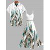 Hawaiian Vacation Couple Outfit Ink Wash Green Foliage Print Lace Hollow Out Slit Dress and Shirt Set - Blanc S | US 4