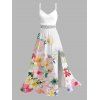 Hawaiian Vacation Couple Outfit Watercolor Floral Print Lace Hollow Out Spaghetti Strap Slit Dress and Shirt Set - Blanc S | US 4