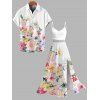 Hawaiian Vacation Couple Outfit Watercolor Floral Print Lace Hollow Out Spaghetti Strap Slit Dress and Shirt Set - Blanc S | US 4