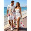 Hawaiian Vacation Couple Outfit Watercolor Floral Print Lace Hollow Out Spaghetti Strap Slit Dress and Shirt Set - Blanc S | US 4