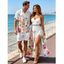 Hawaiian Vacation Couple Outfit Watercolor Floral Print Lace Hollow Out Spaghetti Strap Slit Dress and Shirt Set - Blanc S | US 4