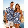 Bohemian Vacation Couple Outfit Porcelain Paisley Print Pocket Off the Shoulder Romper and Shirt Set - Bleu profond S | US 4