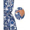 Bohemian Vacation Couple Outfit Porcelain Paisley Print Pocket Off the Shoulder Romper and Shirt Set - Bleu profond S | US 4