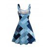 Vintage Couple Outfit Faux Denim Geometric Patchwork Print Ruched Bust Mini Dress and Shirt Set - Bleu Toile de Jean S | US 4