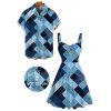 Vintage Couple Outfit Faux Denim Geometric Patchwork Print Ruched Bust Mini Dress and Shirt Set - Bleu Toile de Jean S | US 4