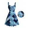 Vintage Couple Outfit Faux Denim Geometric Patchwork Print Ruched Bust Mini Dress and Shirt Set - Bleu Toile de Jean S | US 4