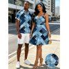 Vintage Couple Outfit Faux Denim Geometric Patchwork Print Ruched Bust Mini Dress and Shirt Set - Bleu Toile de Jean S | US 4