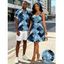 Vintage Couple Outfit Faux Denim Geometric Patchwork Print Ruched Bust Mini Dress and Shirt Set - Bleu Toile de Jean S | US 4