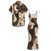 Vintage Couple Outfit Colorblock Irregular Abstract Geometric Print Spaghetti Strap Maxi Bodycon Dress and Shirt Set - Café profond S | US 4
