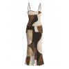 Vintage Couple Outfit Colorblock Irregular Abstract Geometric Print Spaghetti Strap Maxi Bodycon Dress and Shirt Set - Café profond S | US 4