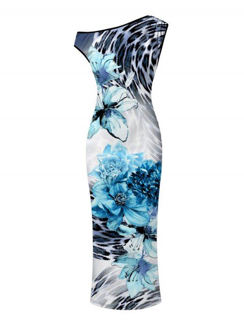 Vintage Vacation Dress Floral Tie Dye Leopard Print Ruched One Shoulder Bodycon Maxi Dress