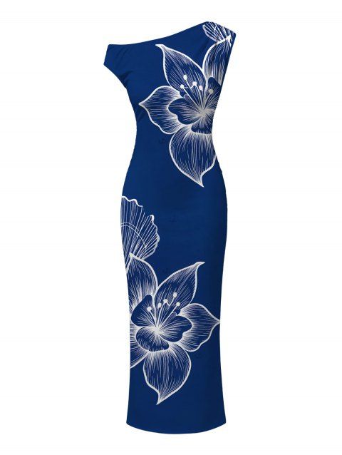 Vacation Dress White Line Art Large Floral Print Ruched One Shoulder Bodycon Dress