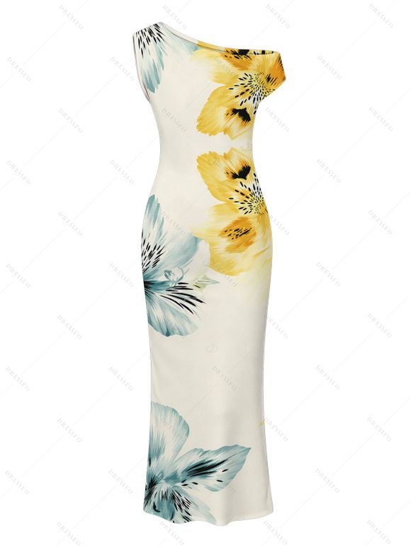 Vacation Dress Watercolor Bicolor Hibiscus Floral Print Ruched One Shoulder Bodycon Dress - Beige XXL | US 14