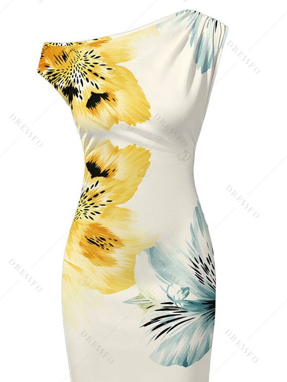 Vacation Dress Watercolor Bicolor Hibiscus Floral Print Ruched One Shoulder Bodycon Dress - Beige XXL | US 14