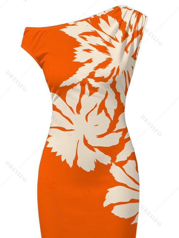Beach Vacation Dress Palm Leaf Silhouette Print Ruched One Shoulder Bodycon Dress - Orange XXL | US 14