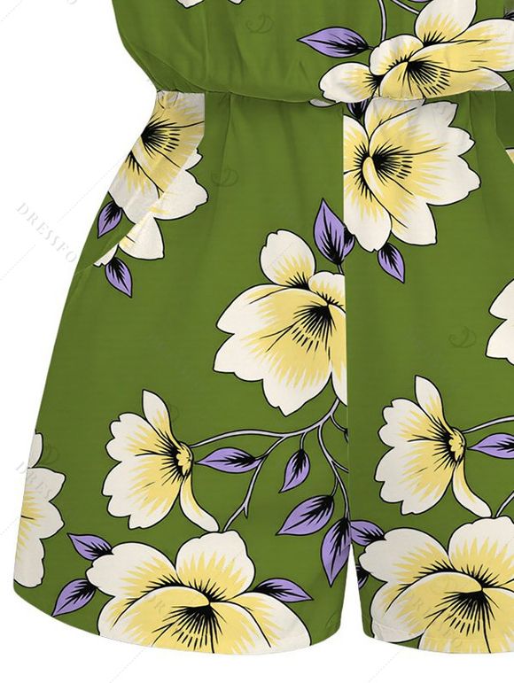 Vacation Romper Plumeria Floral Leaf Print Pocket Off the Shoulder Romper - PLANT GREEN XXL | US 14