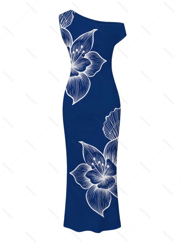 Vacation Dress White Line Art Large Floral Print Ruched One Shoulder Bodycon Dress - Bleu profond XXL | US 14