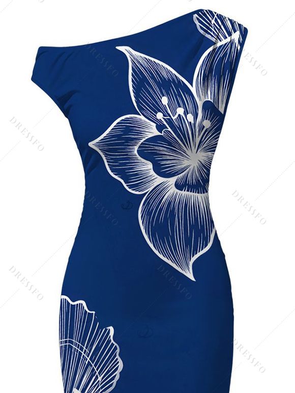 Vacation Dress White Line Art Large Floral Print Ruched One Shoulder Bodycon Dress - Bleu profond XXL | US 14