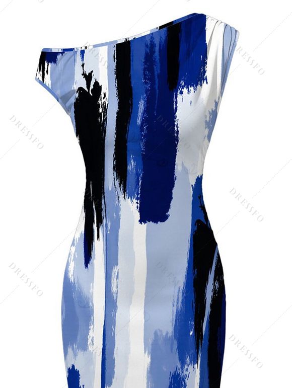 Hawaiian Vacation Dress Brush Ink Abstract Print Ruched One Shoulder Bodycon Dress - Bleu XXL | US 14