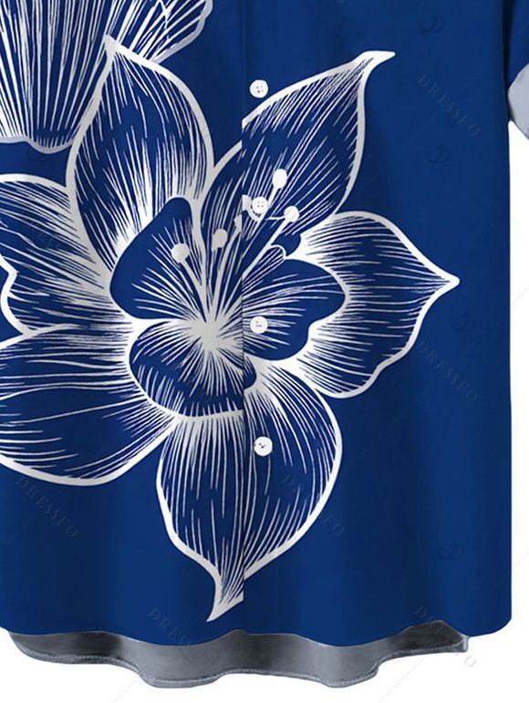 Men's Vacation Shirt White Line Art Large Floral Print Button Up Shirt - Bleu profond 5XL