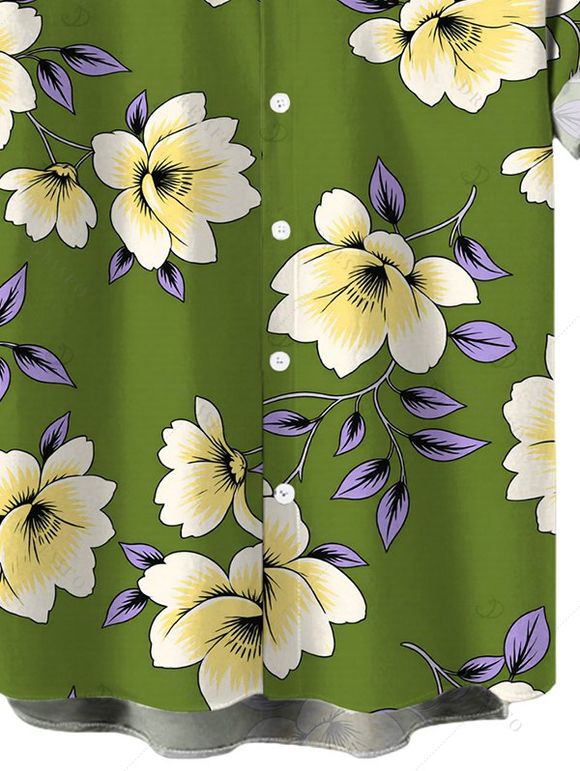 Men's Vacation Shirt Plumeria Floral Leaf Print Button Up Shirt - PLANT GREEN 5XL