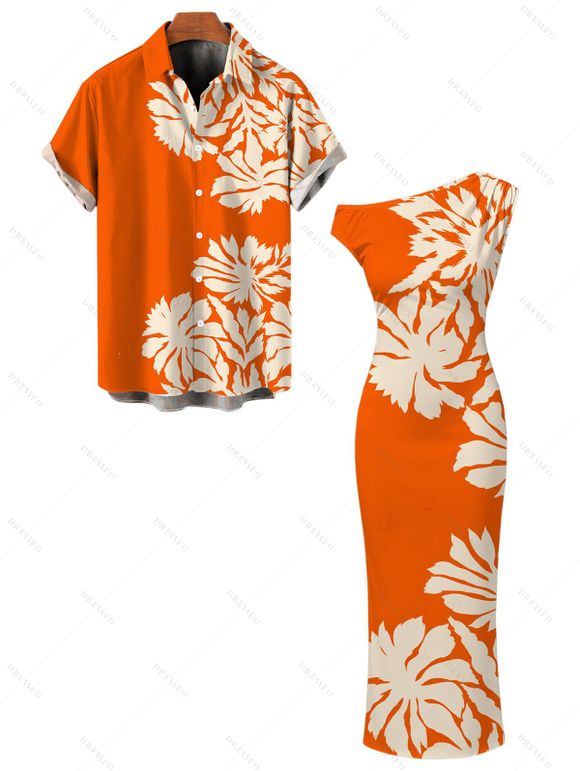Beach Vacation Couple Outfit Palm Leaf Silhouette Print Ruched One Shoulder Bodycon Dress and Shirt Set - Orange S | US 4