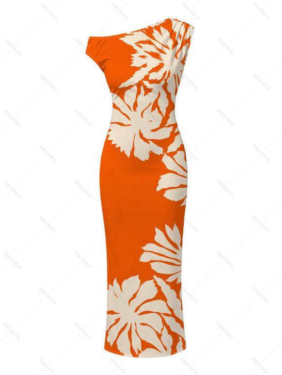 Beach Vacation Couple Outfit Palm Leaf Silhouette Print Ruched One Shoulder Bodycon Dress and Shirt Set - Orange S | US 4