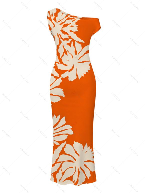 Beach Vacation Couple Outfit Palm Leaf Silhouette Print Ruched One Shoulder Bodycon Dress and Shirt Set - Orange S | US 4