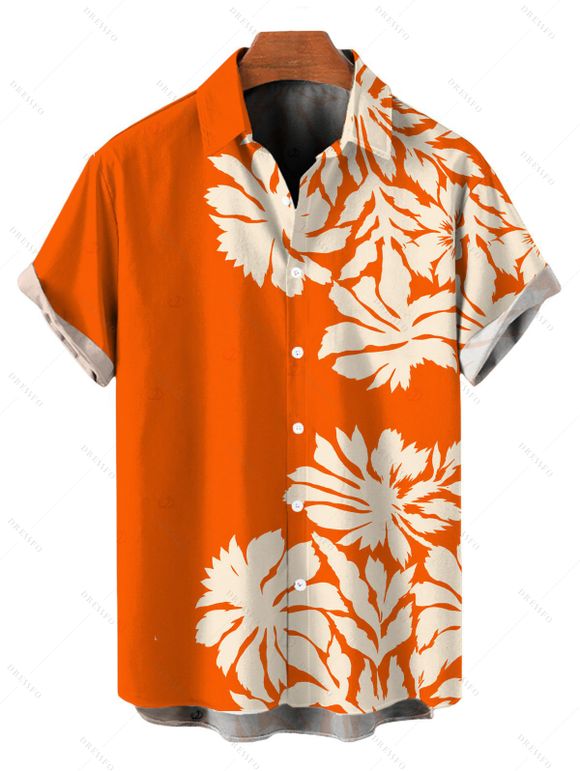 Beach Vacation Couple Outfit Palm Leaf Silhouette Print Ruched One Shoulder Bodycon Dress and Shirt Set - Orange S | US 4