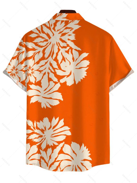 Beach Vacation Couple Outfit Palm Leaf Silhouette Print Ruched One Shoulder Bodycon Dress and Shirt Set - Orange S | US 4