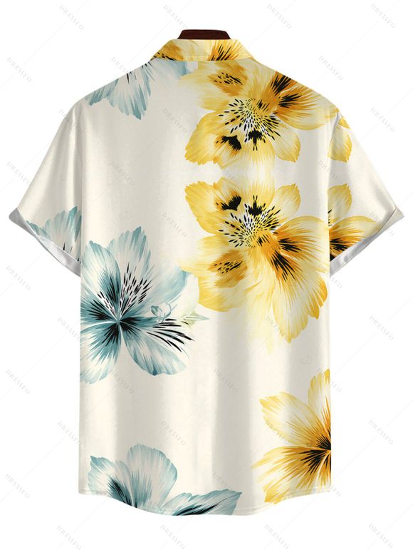 Men's Vacation Shirt Watercolor Bicolor Hibiscus Floral Print Button Up Shirt - Beige 5XL
