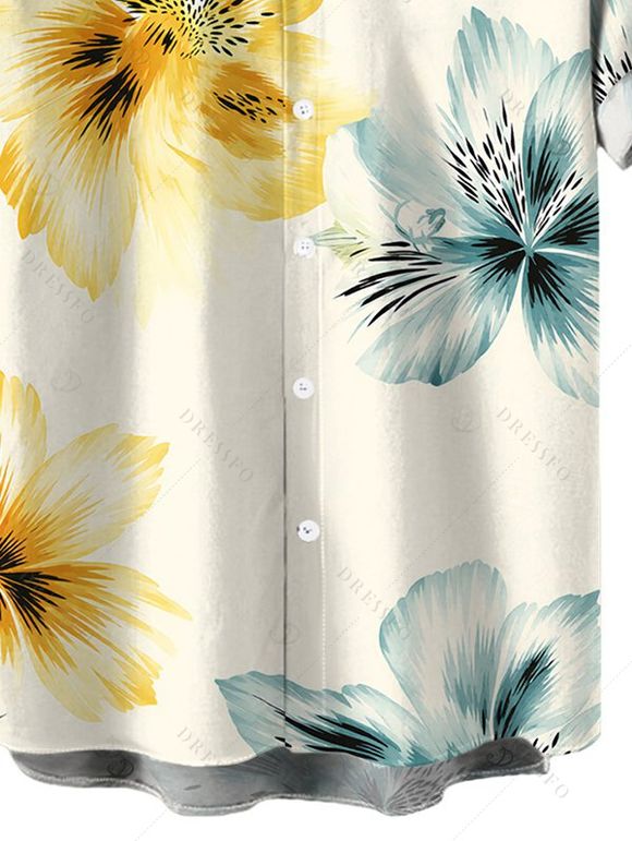Men's Vacation Shirt Watercolor Bicolor Hibiscus Floral Print Button Up Shirt - Beige 5XL