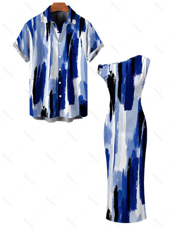 Hawaiian Vacation Couple Outfit Brush Ink Abstract Print Ruched One Shoulder Bodycon Dress and Shirt Set - Bleu S | US 4