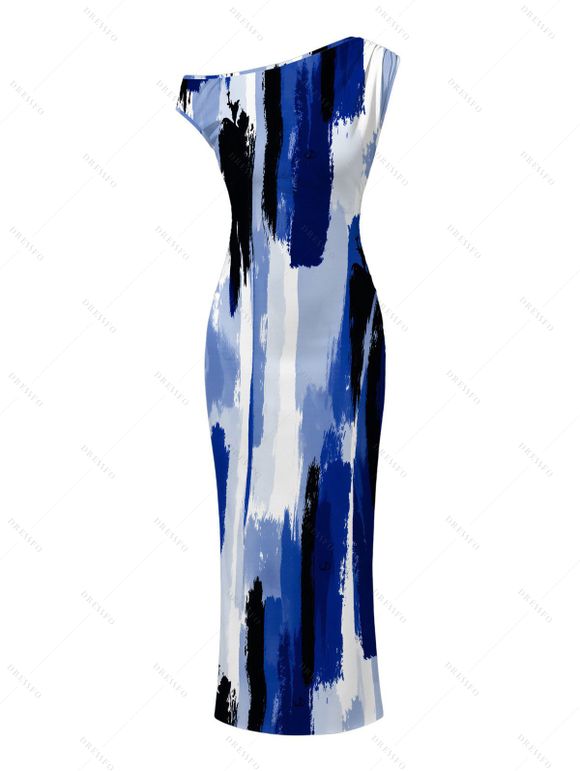 Hawaiian Vacation Couple Outfit Brush Ink Abstract Print Ruched One Shoulder Bodycon Dress and Shirt Set - Bleu S | US 4