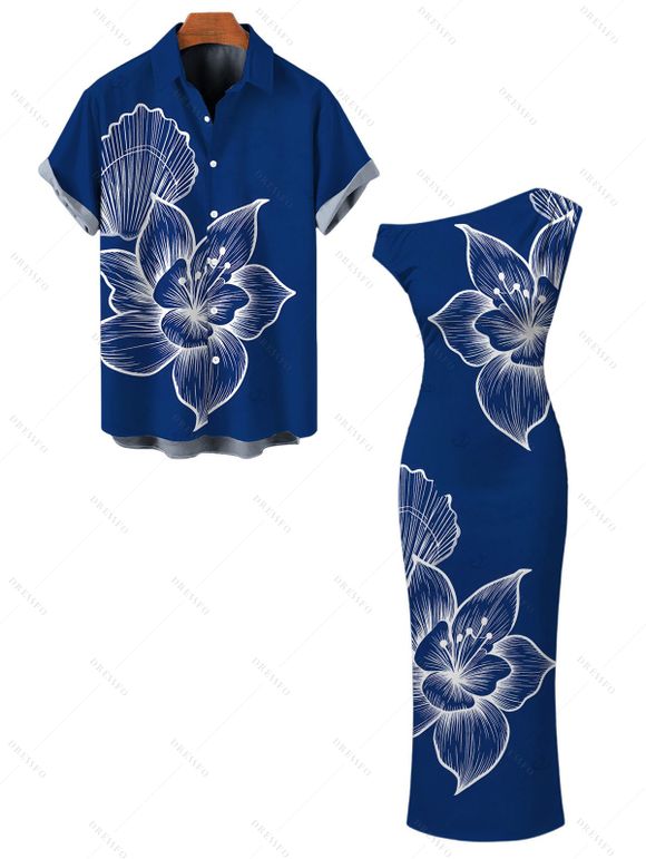 Vacation Couple Outfit White Line Art Large Floral Print Ruched One Shoulder Bodycon Dress and Shirt Set - Bleu profond S | US 4