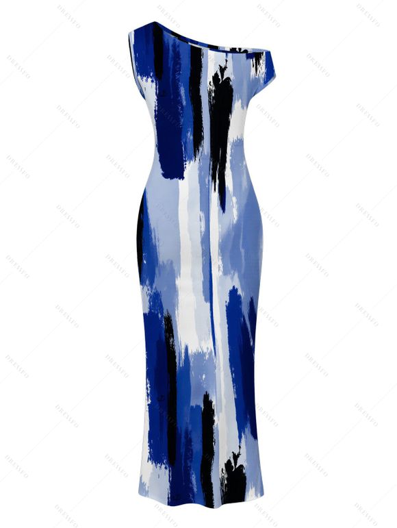 Hawaiian Vacation Couple Outfit Brush Ink Abstract Print Ruched One Shoulder Bodycon Dress and Shirt Set - Bleu S | US 4