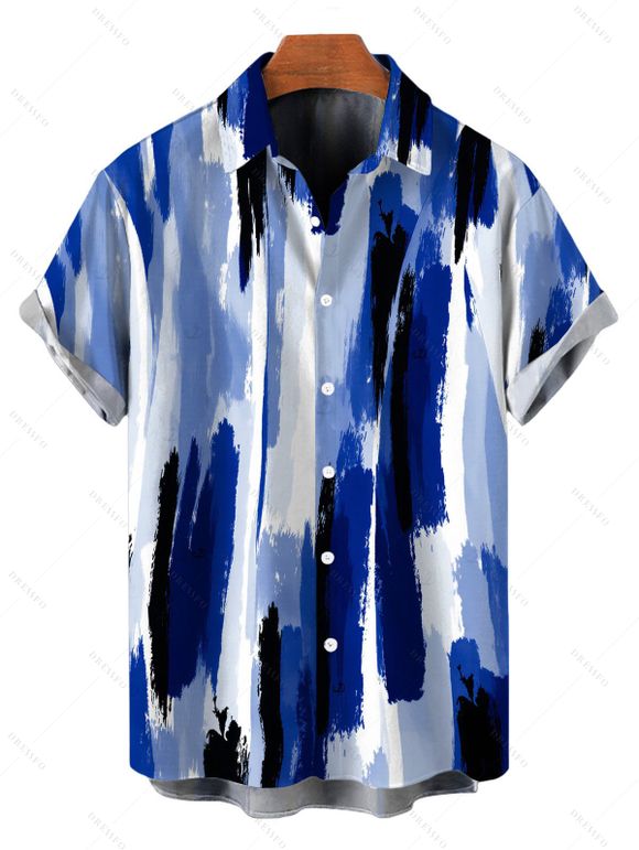Hawaiian Vacation Couple Outfit Brush Ink Abstract Print Ruched One Shoulder Bodycon Dress and Shirt Set - Bleu S | US 4