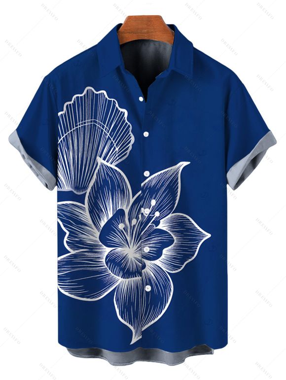 Vacation Couple Outfit White Line Art Large Floral Print Ruched One Shoulder Bodycon Dress and Shirt Set - Bleu profond S | US 4