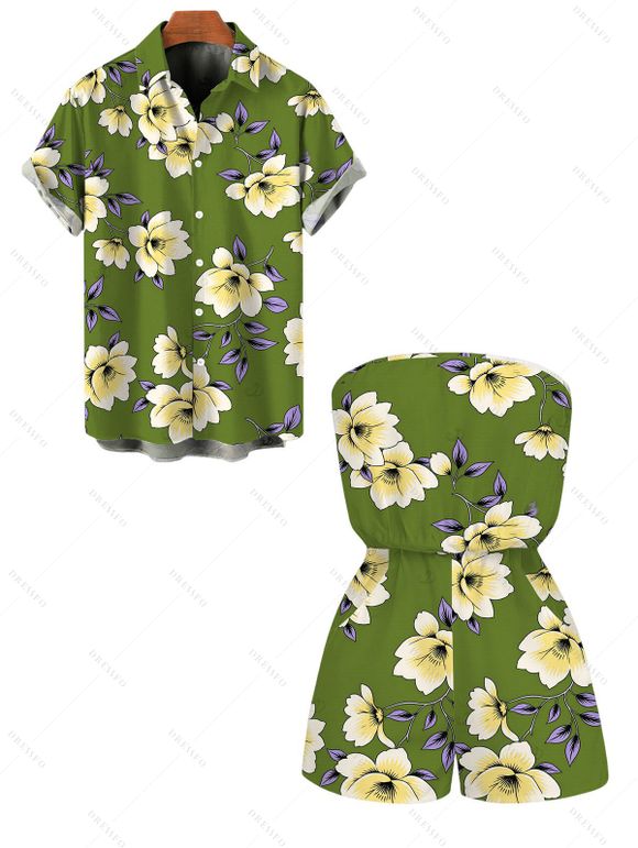 Vacation Couple Outfit Plumeria Floral Leaf Print Pocket Off the Shoulder Romper and Shirt Set - PLANT GREEN S | US 4