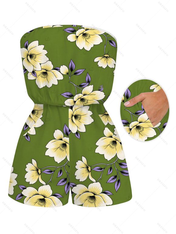 Vacation Couple Outfit Plumeria Floral Leaf Print Pocket Off the Shoulder Romper and Shirt Set - PLANT GREEN S | US 4