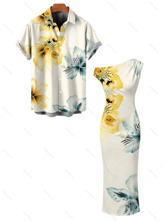 Vacation Couple Outfit Watercolor Bicolor Hibiscus Floral Print Ruched One Shoulder Bodycon Dress and Shirt Set - Beige S | US 4
