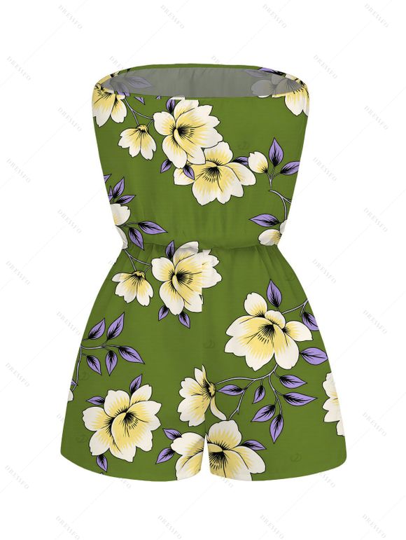 Vacation Couple Outfit Plumeria Floral Leaf Print Pocket Off the Shoulder Romper and Shirt Set - PLANT GREEN S | US 4