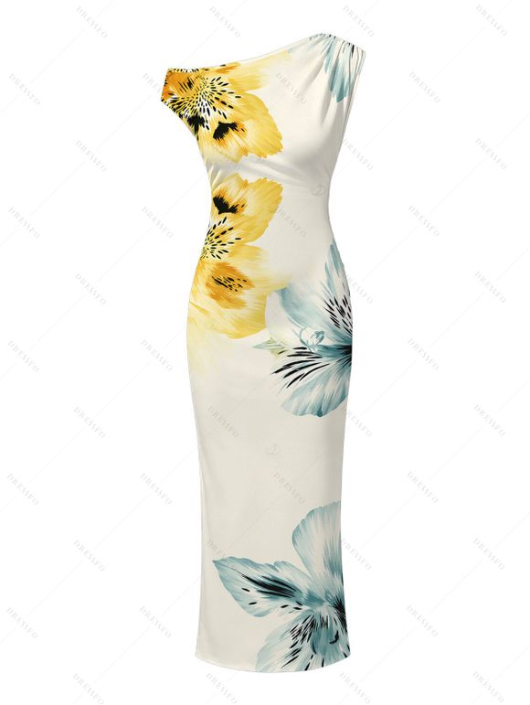 Vacation Couple Outfit Watercolor Bicolor Hibiscus Floral Print Ruched One Shoulder Bodycon Dress and Shirt Set - Beige S | US 4