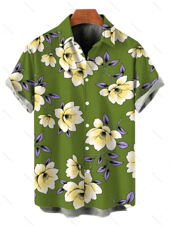 Vacation Couple Outfit Plumeria Floral Leaf Print Pocket Off the Shoulder Romper and Shirt Set - PLANT GREEN S | US 4