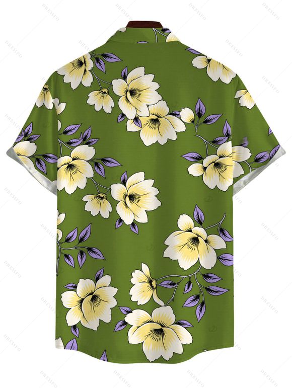 Vacation Couple Outfit Plumeria Floral Leaf Print Pocket Off the Shoulder Romper and Shirt Set - PLANT GREEN S | US 4